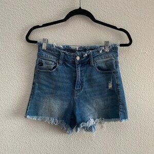 KanCan High Rise Raw Hem Denim Shorts Size 27 Distressed Medium Wash Boho